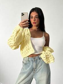 Spring/Summer New Women Knitted Cardigan, Casual Street Style, Hollow-Out Design With Button, Long Sleeve Solid Color Jacket With Unique Design - Light Yellow - View 4