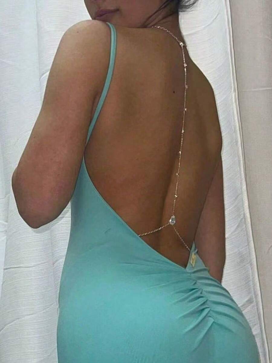 1pc Elegant Women's Rhinestone Body Back Chain, Fashionable Bridal Wedding Party Body Jewelry Accessory, Valentine's Day Gift - Gold - View 1