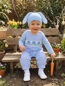 Conjunto de Pascua para bebé niño: pelele de manga larga liso, peto a cuadros con conejito, pantalones y gorro con orejas. Conjunto de primavera de 3 piezas. - Azul - Ver 2
