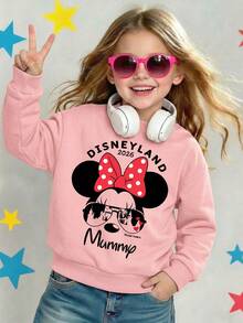 Disneyland 2026 Minnie Mouse Mummy Vacation Castle Comfortable Print Young Girls' Long Sleeve Sweatshirt, Suitable For Autumn/Winter, Lightweight And Cozy, Great For Layering In Fall, Fashionable Casual Wear, Graphic Design, Back To School Season, Autumn, Back To School Party, Suitable For Outdoor Picnic, Street Photography, Home, Campus, Holidays, New Year Gift - 粉色 - 查看 2