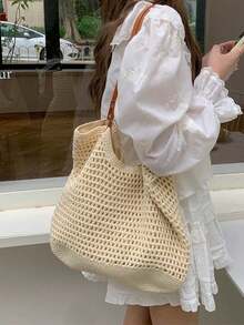 2026 New Arrival Women's Bag, Woven Beach Bag, Versatile Shoulder Bag For Beach Vacation Or Commuting School Tote Bag, School Bookbag, Portable, Foldable, Business Casual, Suitable For Teen Girls Women, Vacation Essentials, Perfect For Summer, Vacation & Beach, Newest Holiday Bag, Hottest Beach Bags ,Vacation Essentials - 杏色 - 查看 3