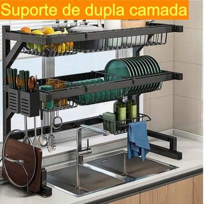 Escorredor De Louça Cozinha 65cm Rack Aço carbono Pia Camada dupla PRETO