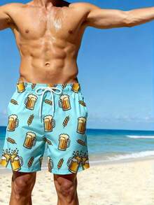 Pantalones cortos de playa casuales con estampado total y cordón en la cintura para hombres - Multicolor - Ver 3