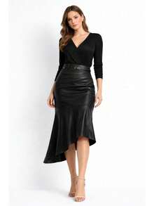 Sophisticated Midi Skirt With Asymmetrical Cutout. Does Not Include An Elegant Belt. Features An Asymmetrical Ruffled Hem. Zipper Closure. Suitable For Formal And Evening Wear. - Black - View 1