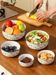 shoxil 5件套带盖嵌套式储物碗套装，搅拌碗套装，花鸟印花珐琅沙拉蔬菜水果备料碗，金属备料碗，适用于烘焙、准备、烹饪和盛放食物，适合家庭/聚会/餐厅/露营/野餐 - 碗 - 查看 9