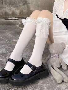 1双白色蕾丝边蝴蝶结可爱日系JK/洛丽塔小腿袜 - 适合春秋季 - 彩色 - 查看 4