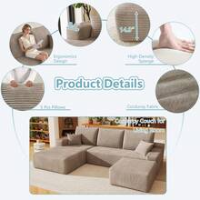 94" U Shaped Cloud Sectional Sofa With Ottoman Modern Minimalist Plush Corduroy Deep Seat No Assembly Corner Couch - 駝色 左邊 - 查看 6