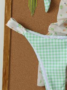 2026 Spring/Summer Women's Fresh Green Plaid Bikini Set, Sexy 3-Piece Swimsuit For Beach Vacation, Fashionable Girl Style - Multicolor - View 6