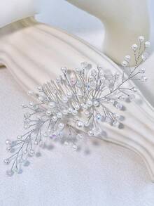 1pc Luxury Faux Crystal & Pearl Hair Comb, Bridal Headband Suitable For Weddings, Parties, Galas, And Daily Wear - Silver - View 6