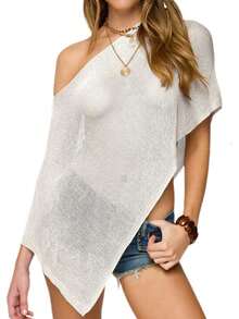 Women's Sheer Ponchos Off Shoulder Short Sleeve Solid Color T-Shirts Asymmetrical Knit Tops - 白色 - 查看 1