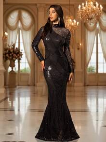 Romagic 水钻珍珠领香槟色亮片撞色网纱长袖及地女士正式连衣裙 - 黑色 - 查看 1