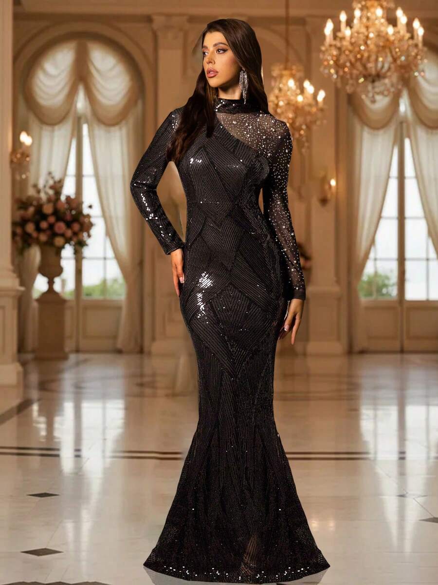 Romagic 水钻珍珠领香槟色亮片撞色网纱长袖及地女士正式连衣裙 - 黑色 - 查看 1