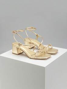 Athlefit Strappy Heels For Women Dressy Open Square Toe Heeled Sandals Low Chunky Block Heels Dress Shoes For Prom Wedding - 金色 - 查看 4