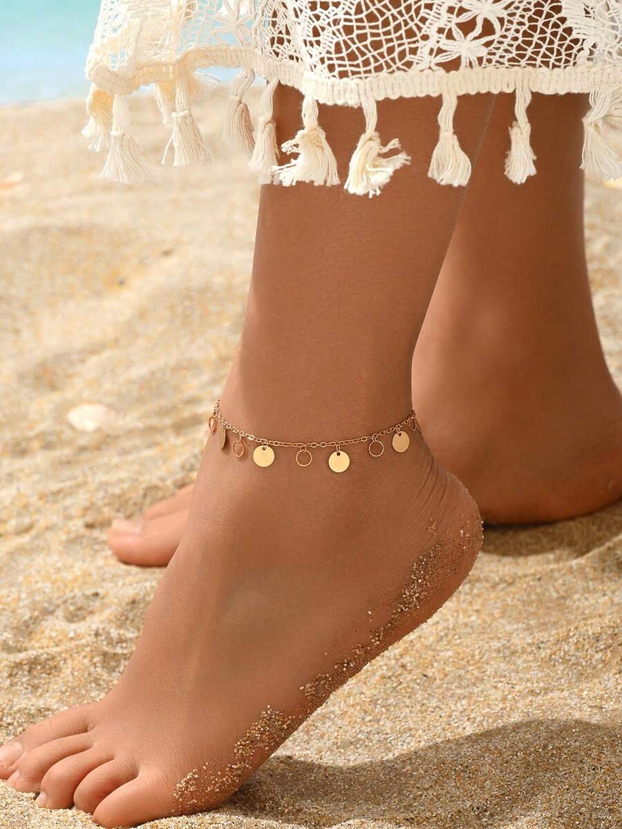 1 pieza Tobillera con colgante de círculo hueco y borla, de estilo minimalista y moderno, adecuada para uso diario, citas, vacaciones en la playa, fiestas, cumpleaños, Ramadán, regalos festivos - Dorado - Ver 1
