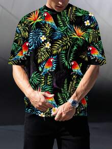男士热带植物鹦鹉印花宽松落肩T恤，适合夏季海滩度假 - 彩色 - 查看 1