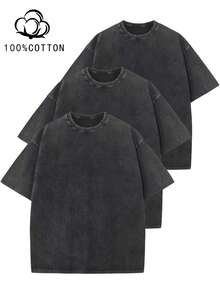Three-Piece Solid Color T-Shirts Fashion Retro Men's T-Shirts 230g Heavyweight Cotton Dropped Shoulder Design Unisex Short-Sleeve T-Shirts For All Seasons Casual Occasions Gift For Boyfriend 100% Pure Cotton Streetwear Designed For Young People Ideal Gift Between Friends Men's Clothing Men's T-Shirts - Đen+Đen+Đen - Xem 1