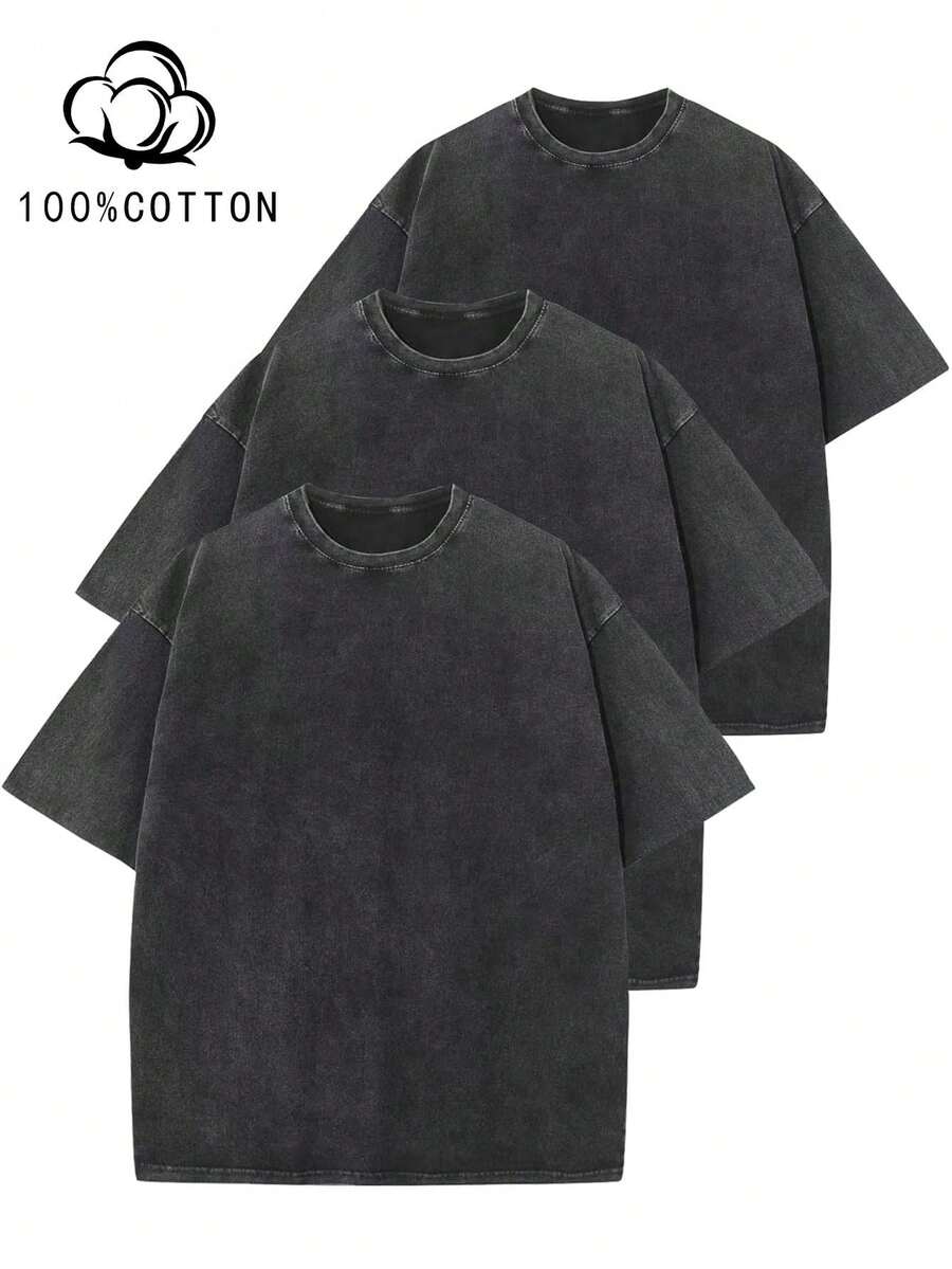 Three-Piece Solid Color T-Shirts Fashion Retro Men's T-Shirts 230g Heavyweight Cotton Dropped Shoulder Design Unisex Short-Sleeve T-Shirts For All Seasons Casual Occasions Gift For Boyfriend 100% Pure Cotton Streetwear Designed For Young People Ideal Gift Between Friends Men's Clothing Men's T-Shirts - Đen+Đen+Đen - Xem 1
