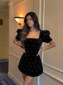 Elegant French Romantic Party Dress, Puff Sleeve Pearl Embellished Mini Dress For Birthday Party, Date - Black - View 6