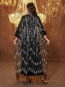 SUPGIR [Random Print] Women's Long Sleeve Sequin Patchwork Waist Tie Evening Dress - Black - View 3