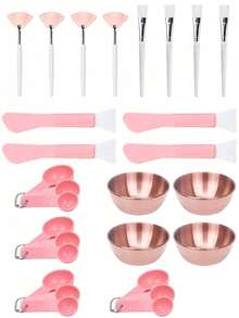 2/3/5/10/20/40件套面部护理混合面膜工具套装，包含面膜搅拌碗、面膜搅拌刷、量勺，美容师用品，面部护理SPA工具，DIY面膜搅拌盘，面膜涂抹刷套装，玫瑰金面膜碗，扇形刷，扁平刷，量勺，双头硅胶涂抹刷 - A - 查看 2