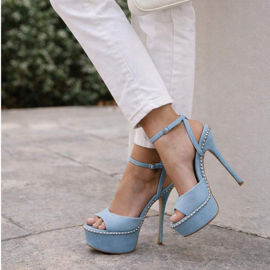 So Me Soren Peep Toe Stilleto Women's Hight Heel Platform With Stud Details And Ankle Strap. - 藍色 - 查看 1