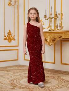 Vestido de sirena con lentejuelas sin hombro y espalda descubierta para fiesta de niña preadolescente - Burdeos - Ver 6