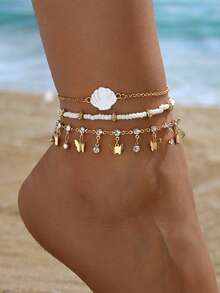 3件套优雅闪亮玻璃水钻蝴蝶流苏脚链，搭配白色米珠，手工串珠饰品，配合金吊坠，适合女性日常佩戴、海滩、派对、音乐节等场合。 - 金色的 - 查看 7