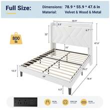 Allewie Full/Queen/King Size Platform Bed Frame With Charging Station And Storage Shelf/Upholstered Velvet Wingback Headboard/Wooden Slats Support/No Box Spring Needed/Easy Assembly, White - 查看 8