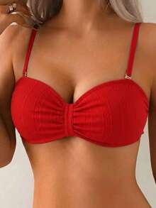 2 pièces Maillot de bain bikini pour femmes, fabriqué en tissu texturé, bretelles réglables et amovibles, bas de maillot à nouer, vacances, plage, été - Rouge - Voir 4