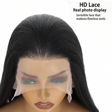 28英寸长柔软直发黑色卡尼卡隆合成耐热纤维13x6高清蕾丝前假发，带预先拔毛的婴儿发，无需胶水 - 彩色 - 查看 5