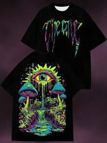 Camiseta gráfica de estilo gótico punk para hombres, top de manga corta de moda callejera urbana - Negro - Ver 3