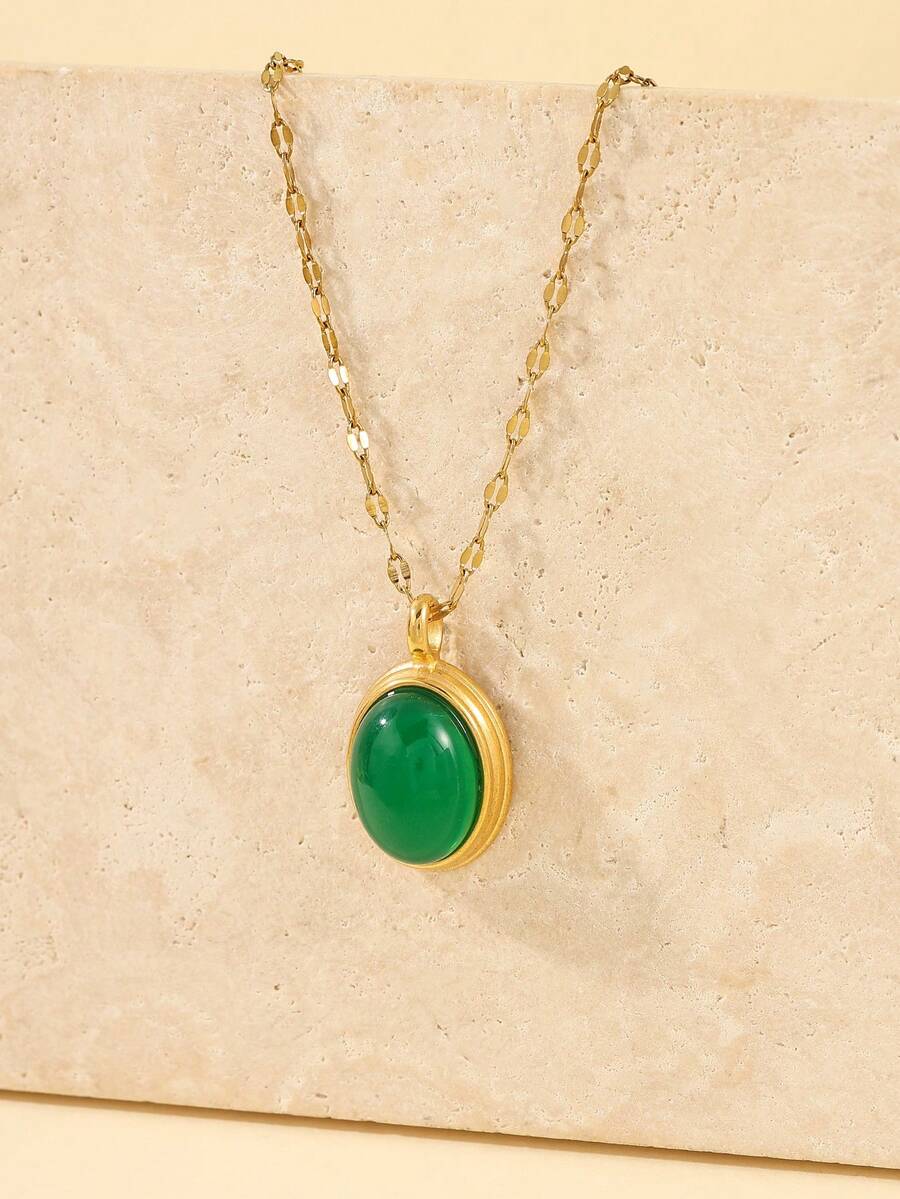 1 chiếc dây chuyền vàng cổ điển bằng thép không gỉ, mặt dây chuyền đá quý màu nâu, thích hợp cho nữ giới đeo hàng ngày hoặc làm quà tặng. - Vàng - Xem 1