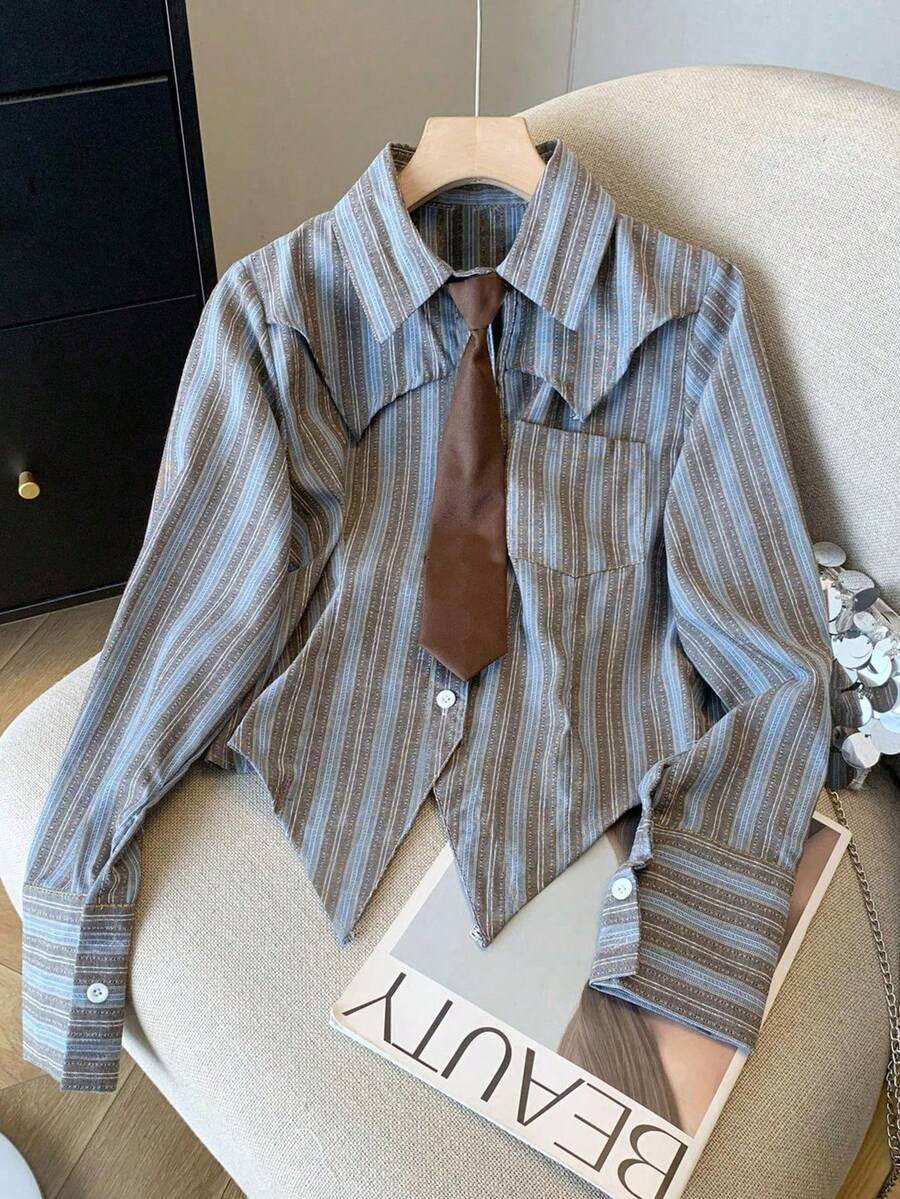 Áo sơ mi nữ cỡ lớn cổ bẻ kẻ sọc, kiểu dáng thường ngày, phù hợp cho mọi mùa xuân. - Màu xanh lam - Xem 1
