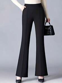 High-Waisted Relaxed Flare Leg Pants, Slimming Effect Black - Black - View 4