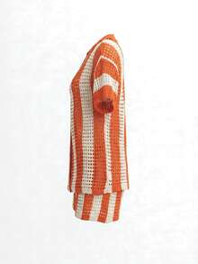 女士夏季度假休闲条纹镂空针织上衣和短裤套装 - 橘色 - 查看 5