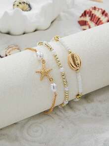 Set de 3 piezas de pulseras de estilo bohemio de playa con capas múltiples de aleación, concha, estrella de mar y cuentas, adecuado para uso diario, ir al trabajo, fiestas y vacaciones de mujeres - Multicolor - Ver 2