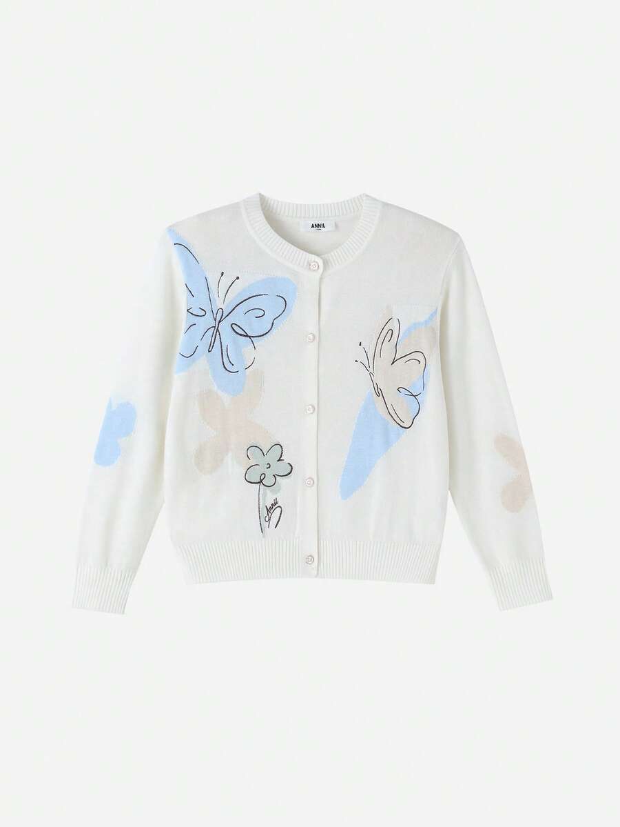 Annil [Contains Mulberry Silk And Wool] Girls' Knitted Cardigan, New Spring 2026 Style, Warm, Breathable, And Preppy. - White Toffee - View 1