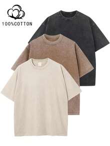 Three-Piece Solid Color T-Shirts Fashion Retro Men's T-Shirts 230g Heavyweight Cotton Dropped Shoulder Design Unisex Short-Sleeve T-Shirts For All Seasons Casual Occasions Gift For Boyfriend 100% Pure Cotton Streetwear Designed For Young People Ideal Gift Between Friends Men's Clothing Men's T-Shirts - 黑色+杏色+咖啡棕 - 查看 1