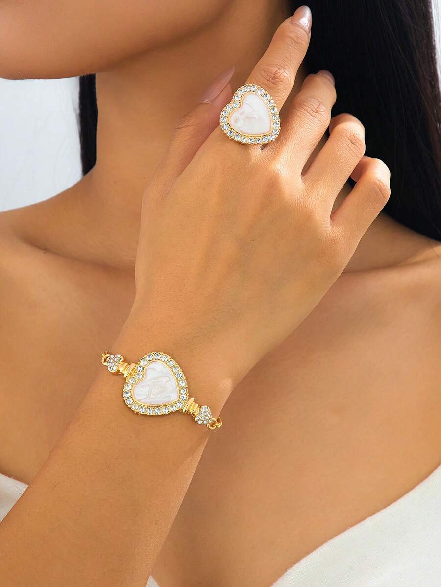 1 Set Elegant & Versatile Heart-Shaped Bracelet & Ring Jewelry Set, Suitable For Gifts, Parties, Dates, And Outfits - White - View 1