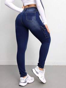 Jeans Ajustados de Cargo de Cintura Media con Cordel de Lavado Negro/Azul Oscuro para Mujer, Pantalones Modernos y Elegantes - Azul lavado oscuro - Ver 3