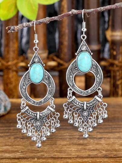 1 par de pendientes geométricos de turquesa falsa con estilo bohemio, adecuados para uso diario de mujeres y como regalo