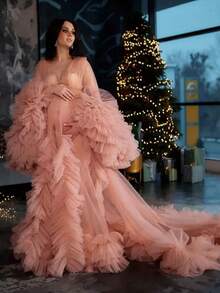 Elegant Maternity Dress Size XS S M L XL 2XL 3XL 4XL For Photoshoot Photography Mesh Fabric Knot Ruffle Hem Wedding Summer Fall Spring Winter Ruffles Long Sleeves Kimono Pregnant Gowns For Photoshoot Plus Size Gift For Valentine Day - Xanh đậm - Xem 3