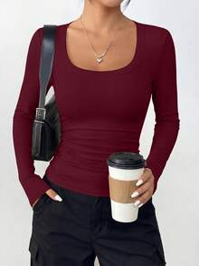 PRETTYGARDEN Women Spring And Fall Long Sleeve Shirts Clothes Cute Going Out Tops Ribbed Tight Fitted Plain Basic Tee Tshirts Vacation Outfits For Women - 酒紅色 - 查看 4