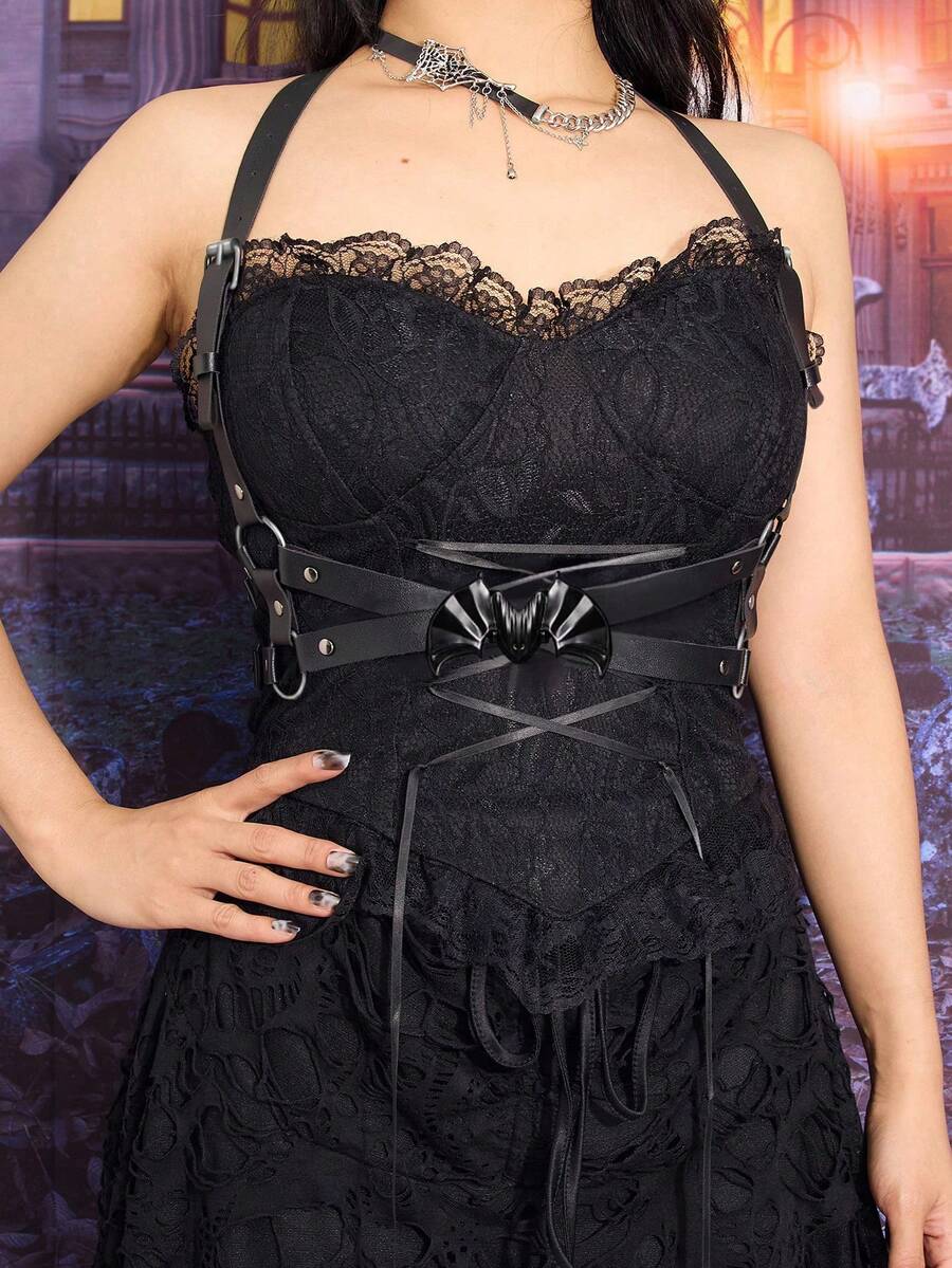 1pc Women's Black Gothic Style Silver Double Bar Criss-Cross Suspender, Suitable For Halloween Party Or Daily Commute Outfit - Black - View 1