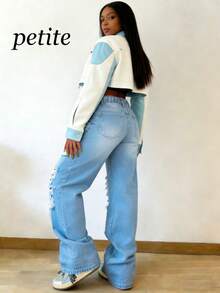 PETITE 女款高腰破洞阔腿牛仔裤，水洗宽松版型，带口袋和拉链，纯色休闲街头风，适合春夏日常及度假穿着，做旧工艺细节，≥70% 棉 - 藍 - 查看 2