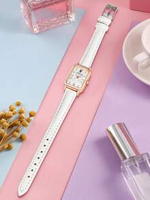 LUCKYFOX 1pc Battery Operated Square Dial Quartz Watch, Elegant Minimalist Design, Suitable For Teenage Girls, Students, Back To School - White - View 2