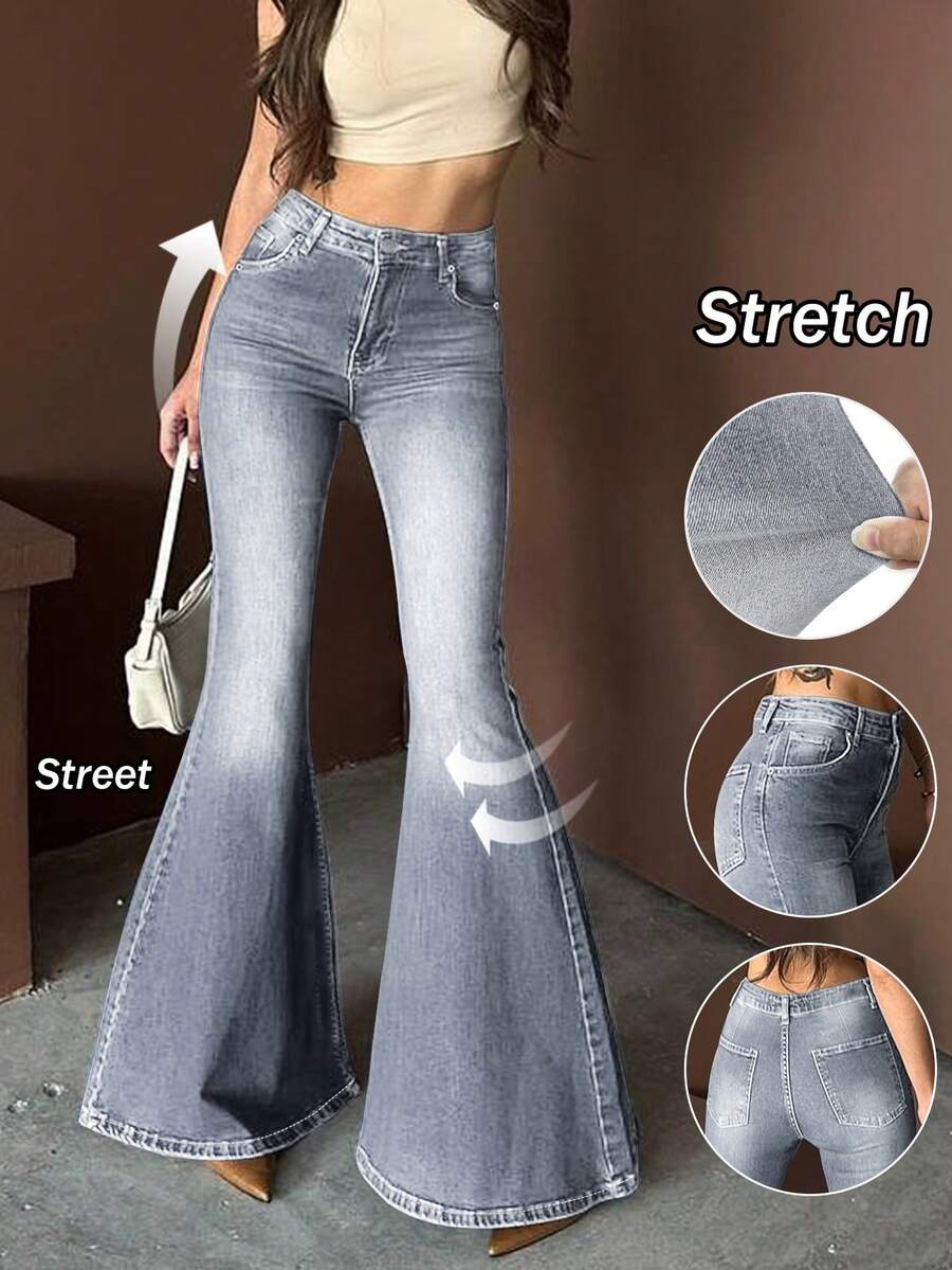 2026 Summer Y2K Style Women's High Waist Grey Flare Jeans, Stretchy Elegant Retro Casual Flare Pants Spring - Medium Gray - View 1