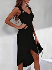 Solstice Apparel Side Tie Waist Solid Color Sleeveless V-Neck Dress, Metal Buckle Embellished Slim Fit Asymmetrical Midi Dress, Elegant Style, Perfect For Daily Outings, Commute, Dates, Parties & Beach Vacation, Spring Summer Outfit - Black - View 3