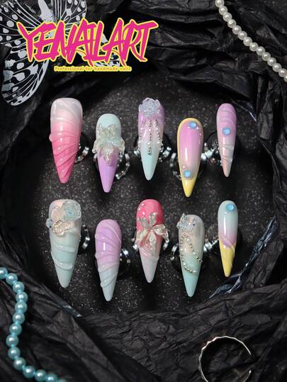 10pcs Press On Nails Acrylic Stiletto,Pink,Light Blue,Purple,Yellow,Gradient Color,3d Three-Dimensional Decoration Element,Flora,Glitter Butterfly,Blue Bubble, Romantic Full Coverage Fake Nails 3D Flower,Spring Summer Nail Supplies Suitable For Women And Girls,Suitable For Daily, Work, Party, Gatherings And Other Places, Comes With 1 Mini Nail File And 1 Double-Sided Adhesive Label, Also A Great Gift