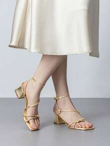 Athlefit Strappy Heels For Women Dressy Open Square Toe Heeled Sandals Low Chunky Block Heels Dress Shoes For Prom Wedding - 金色 - 查看 3
